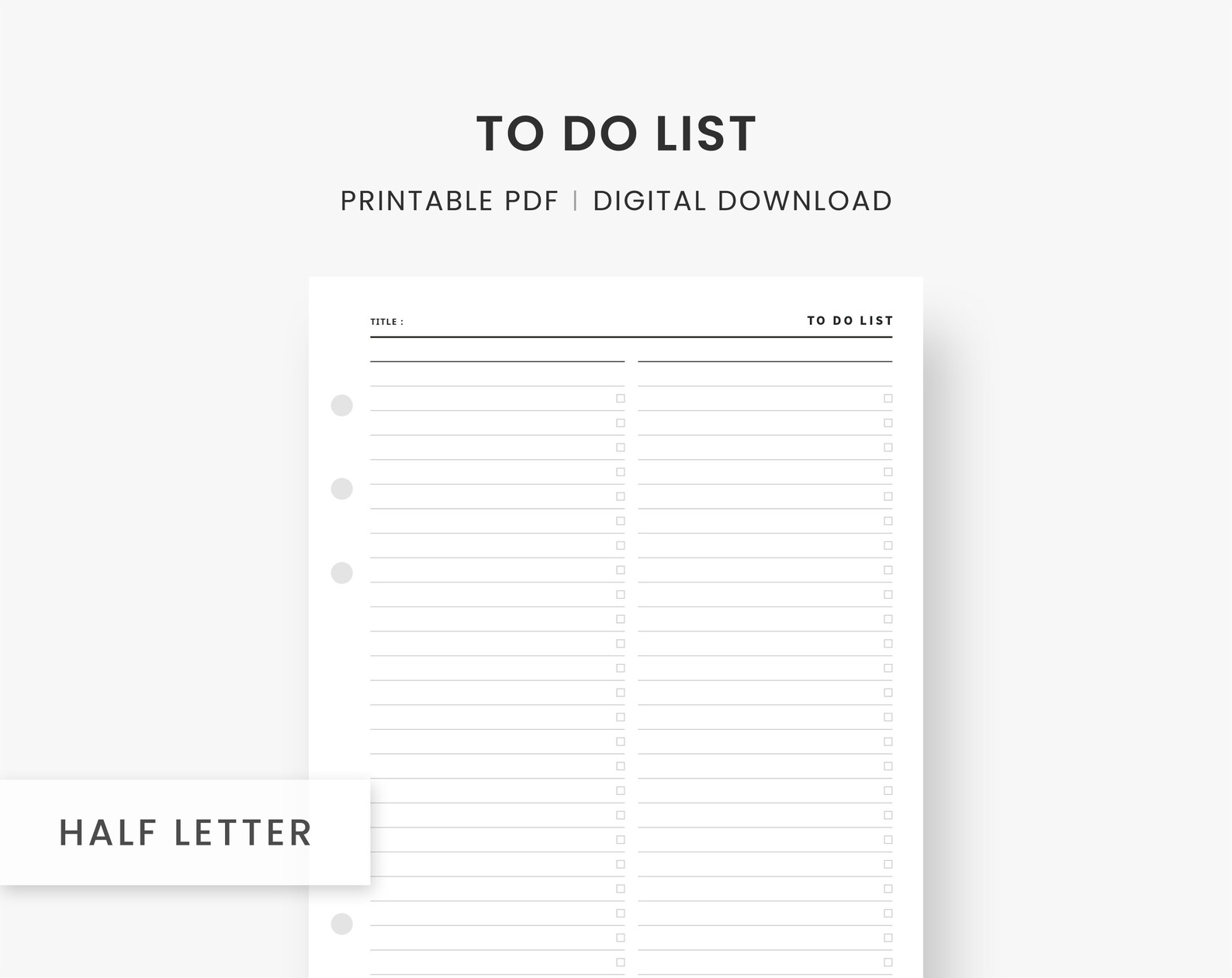 Printable to Do List, Half Letter Inserts, Check List Template, Minimal ...