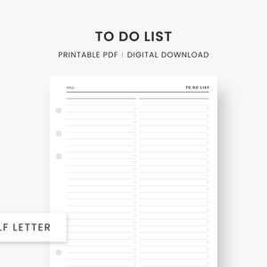 Printable to Do List, Half Letter Inserts, Check List Template, Minimal ...