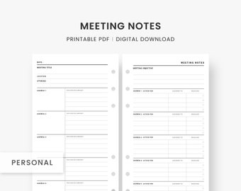 Encarts personnels : Planificateur de réunion, Modèle de notes de réunion, Notes de discussion, Procès-verbaux de réunion, Ordre du jour de réunion, Pages de réunion imprimables, PDF