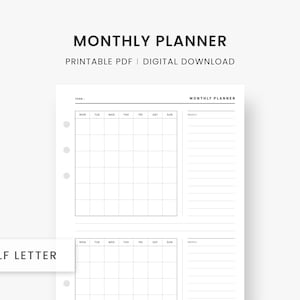 Calendrier mensuel, Planificateur mensuel imprimable, Encarts de demi-lettres, Planificateur non daté, Aperçu mensuel, Mois en un coup d’œil, PDF Téléchargement instantané