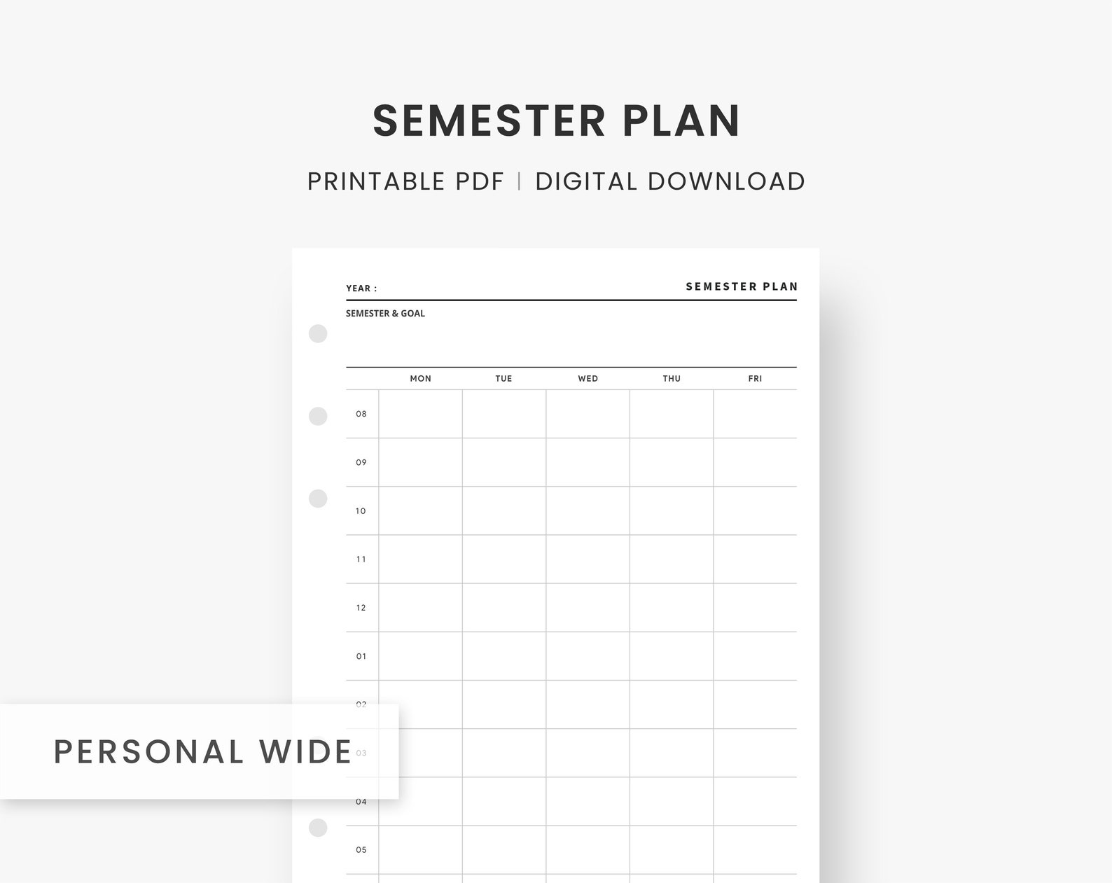 Semester Planner Printable, Personal Wide Inserts, Academic Planner