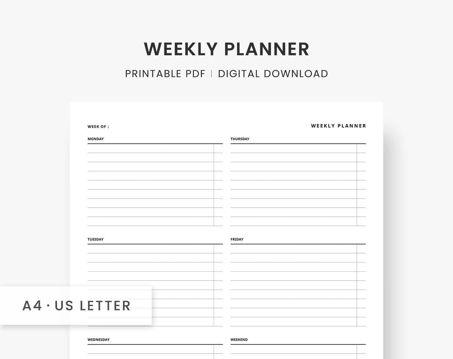 A4 Size Undated Weekly Planner Pad Printable, Weekly Organizer and Agenda, Minimalist Office