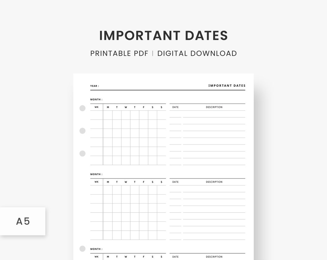 A5 Inserts Important Dates, Monthly Calendar, Birthday Dates, Anniversary Date, Special Dates