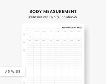 A5 Wide Inserts : Fitness Planner Printable, Body Measurement Tracker, Goal Planner, Health Planner, Weight Loss, Diet Log, PDF Download