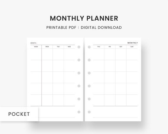 Pocket Inserts : Monthly Calendar Printable, Undated Month on Two Pages  Planner, Minimal and Simple Template, Ring Binder Page, PDF Download - Etsy