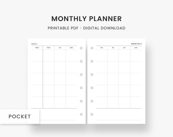 Pocket Inserts : Monthly Calendar Printable, Undated Month on Two Pages Planner, Minimal and Simple Template, Ring Binder Page, PDF Download - Etsy