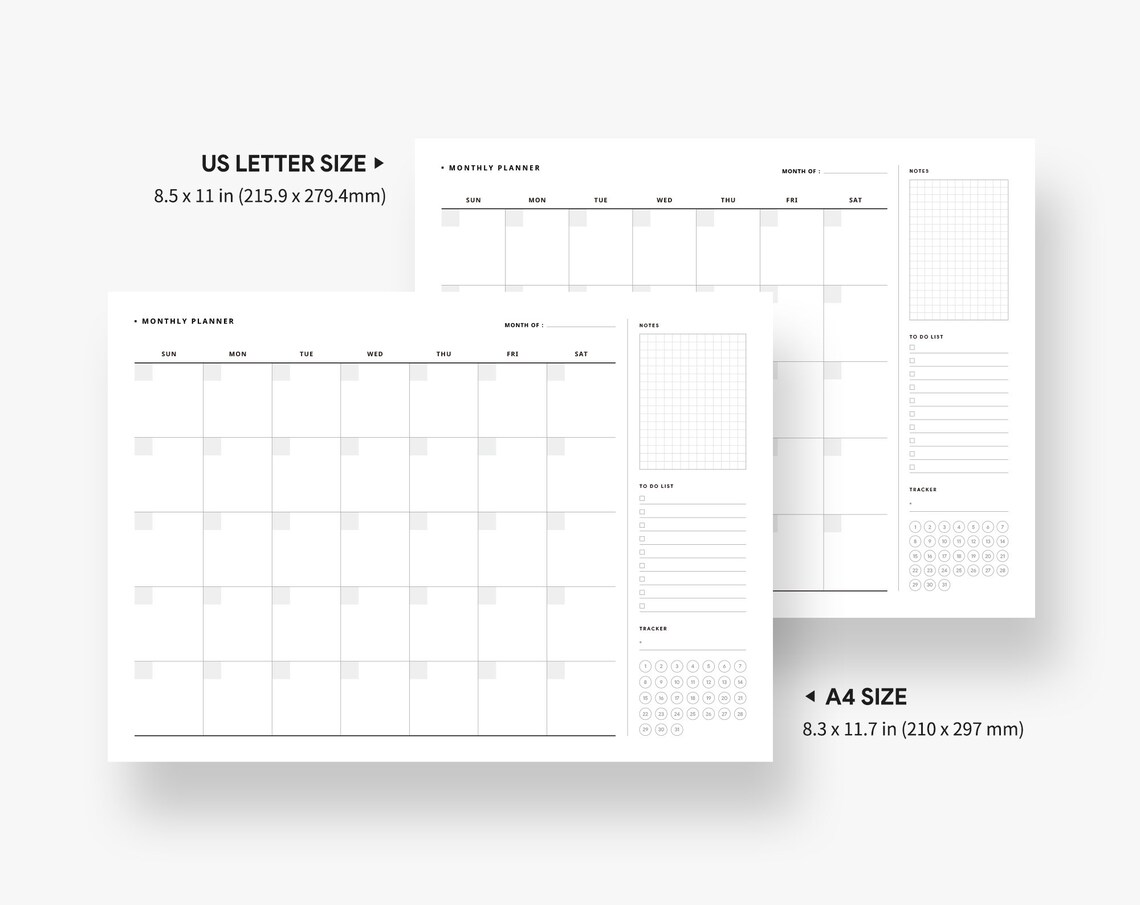 Monthly Overview Undated Blank Calendar, US Letter, A4 Size Horizontal ...