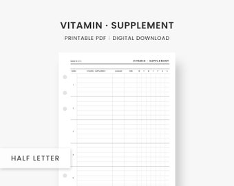 Monthly Vitamin Tracker Printable, Vitamin Organizer, Vitamin Log, Supplement Tracker, Fitness and Health Planner, Half Letter Inserts, PDF