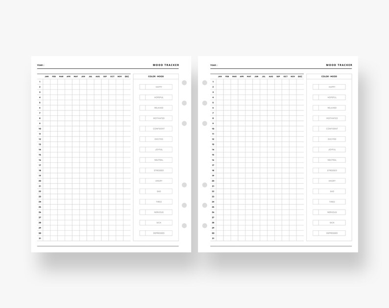 A5 Wide Inserts : Mood Tracker Printable, Yearly Mood, Fitness Tracker ...