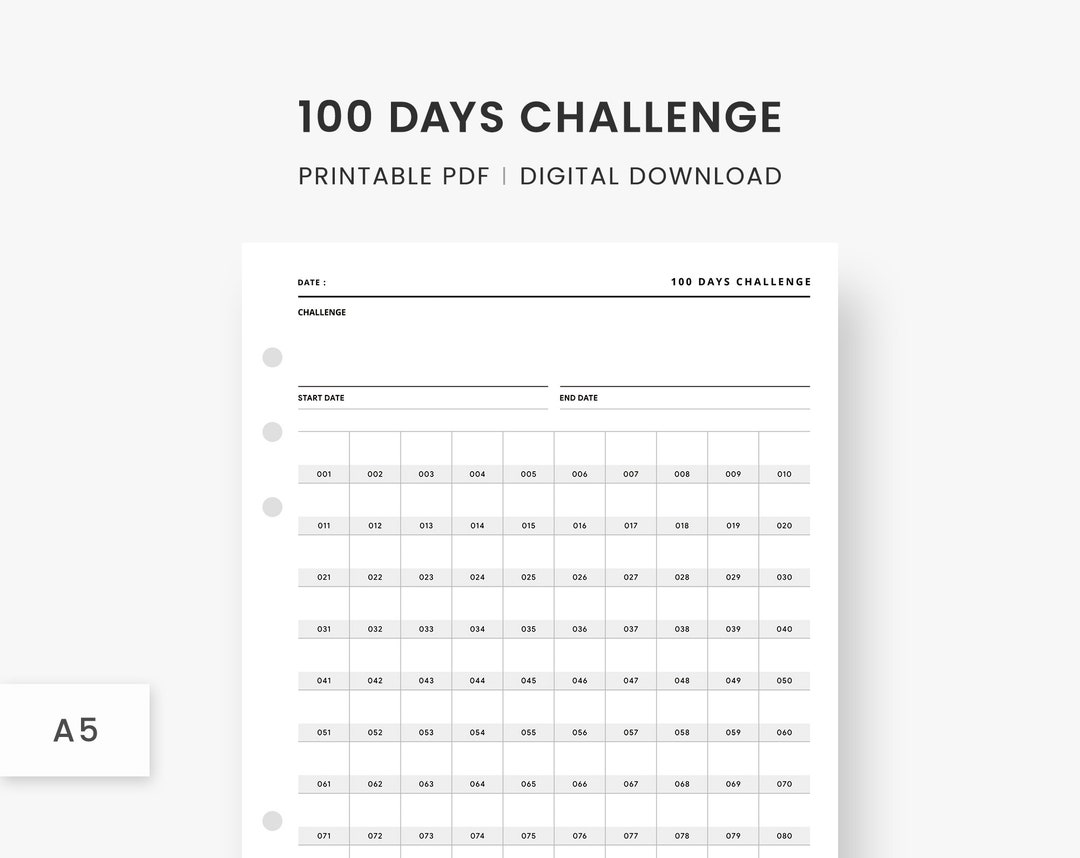 A5 Inserts : 100 Days Challenge Printable, 100 Day Habit Tracker, Goal ...