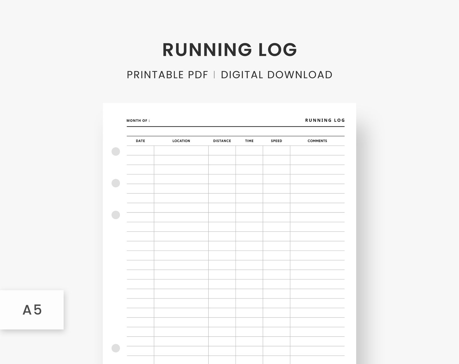 A5 Inserts Running Log Printable, Running Tracker, Daily Running