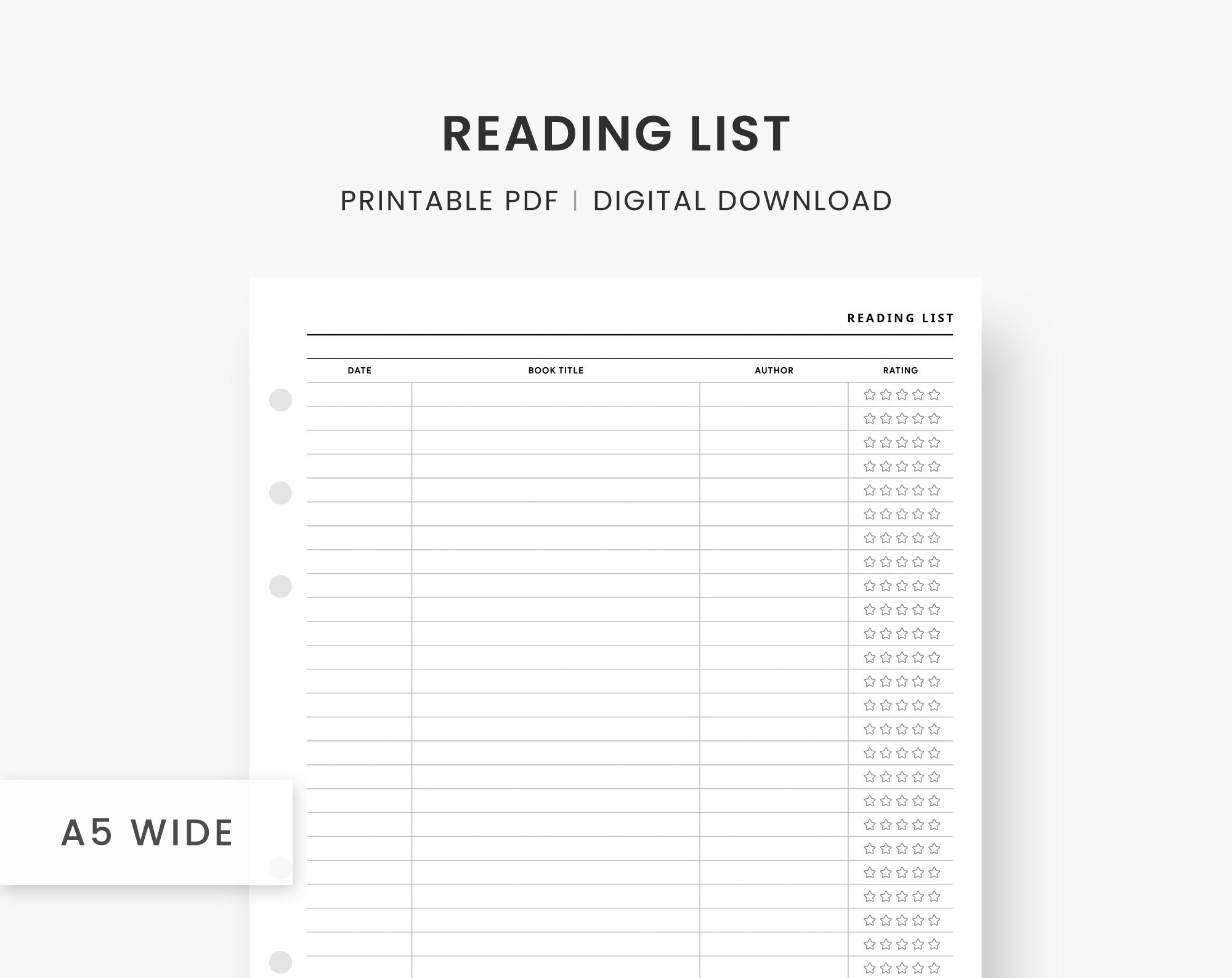 A5 Wide Inserts : Book Planner Printable, Reading List Template ...