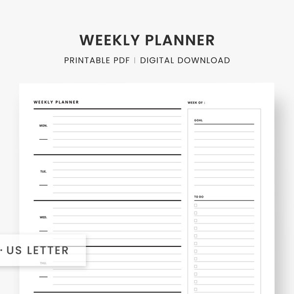 A4, US Letter Size Undated Week on One Page Planner, Printable Minimalist Lined Vertical Layout, Weekly Work Schedule PDF Instant Download