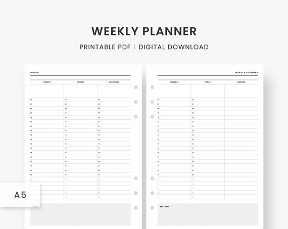 A5 Inserts Weekly Hourly Planner Printable Week Agenda Time Etsy