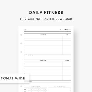 Daily Fitness Planner Printable, Personal Wide Inserts, Fitness Journal ...