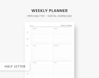 Weekly Planner Printable, Weekly Agenda, Weekly To Do List, Weekly Overview, Undated Planner, Weekly Organizer, Half Letter Inserts, PDF