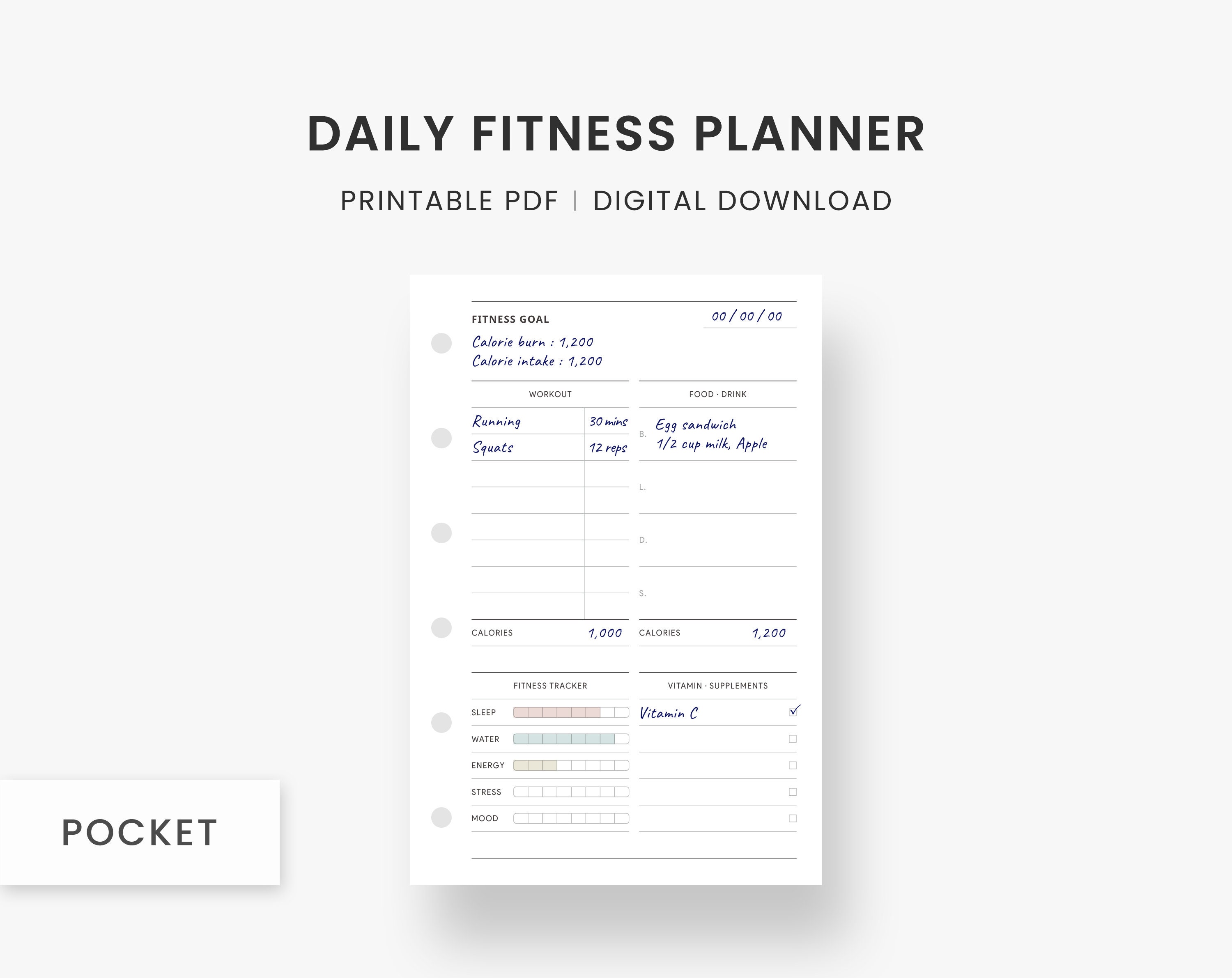 Pocket Inserts : Fitness Planner Printable, Health Planner, Daily ...