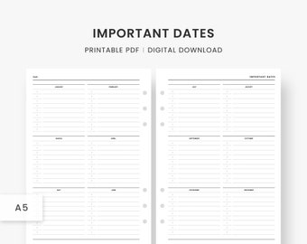 A5 Inserts : Important Dates Printable, Year at a Glance, Birthday and Anniversary & Special Dates, Minimalist Planner, PDF Instant Download