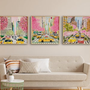 New York Taxi Scene Digital Art - Set of 3, Trendy art Prints, Colorful Wall art, Modern Contemporary, Aesthetic Prints, Taxis in New York