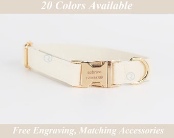 Beige Personalized Dog Collar, Engraved Personalized Dog Collar Leash Set, Velvet Collar With Engraved Name, Wedding Puppy Gift