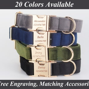 Engraved Multiple Colors Velvet Dog Collar And Leash, Personalized Dog Collar Leash Set, Personalized Velvet Dog Collar With Name