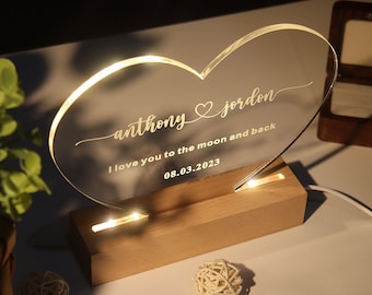 Personalized Heart Acrylic Lamp | Custom Couple Name Night Light with Date | Engraved Anniversary Gift | Romantic Bedroom Decor