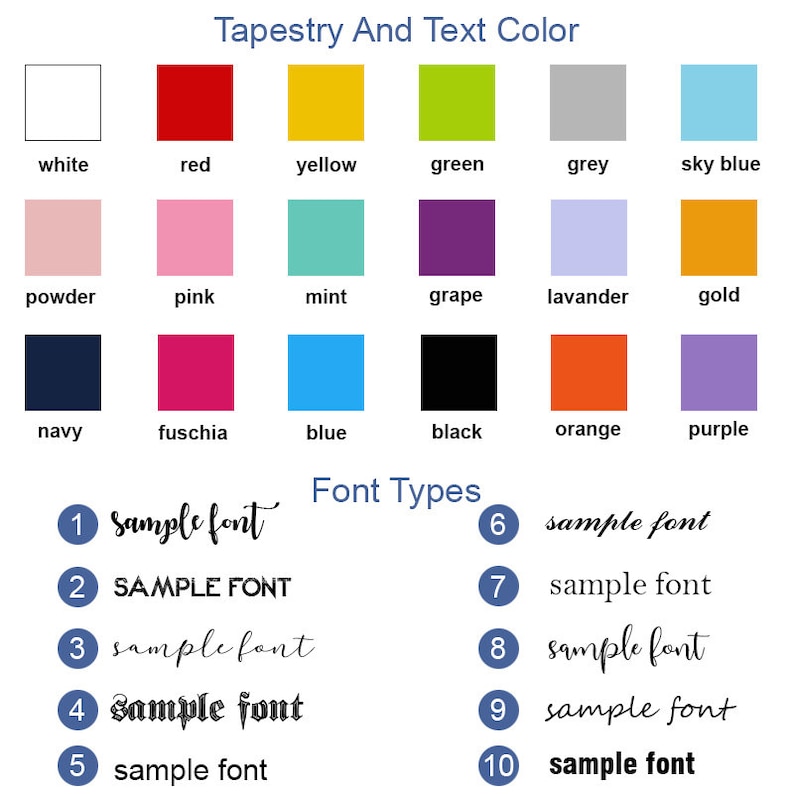 K&ouml;nnte beinhalten: Eine Tabelle mit Optionen f&uuml;r die Farbe der Wandbeh&auml;nge und des Textes. Die Farben werden in Quadraten mit dem Farbnamen unter jedem Quadrat angezeigt. Die Tabelle zeigt auch 10 verschiedene Schriftstile mit der Schriftnummer und einer Beispielschrift.