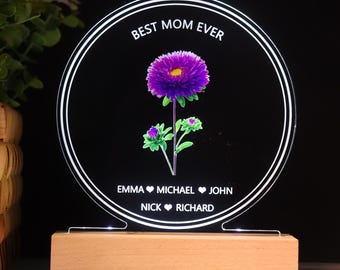 Custom Mother's Day Gifts, Birth Month Flower Night Light, Birth Flower Gift, Gift for Mom, Mom Birthday Gifts, LED Night Light with Name