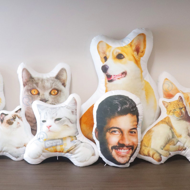 Peut inclure: Cinq oreillers en peluche blanche avec des visages d'animaux et d'humains imprim&eacute;s dessus. Les oreillers repr&eacute;sentent un corgi, un chat, un homme et deux autres chats.