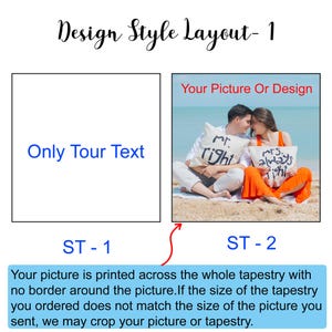 K&ouml;nnte beinhalten: Zwei Designoptionen f&uuml;r eine Wandteppich. Die erste Option zeigt nur Text, w&auml;hrend die zweite Option ein Paar zeigt, das auf einem Strand sitzt, mit Kissen, auf denen "Mr. Right" und "Mrs. Always Right" steht.