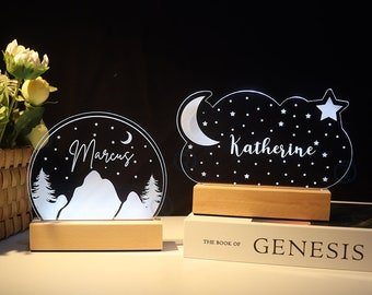 Personalized Kids Night Light | Custom Baby Name Lamp | Engraved Acrylic Nursery Light | Cloud Moon Mountain Unicorn Butterfly Design