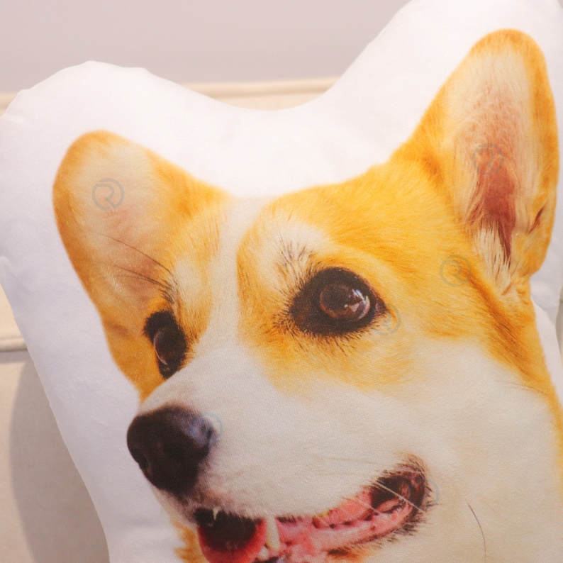 May include: A white cushion with a printed image of a corgi dog's face. The dog has brown eyes, a pink tongue, and a white and brown fur pattern.
