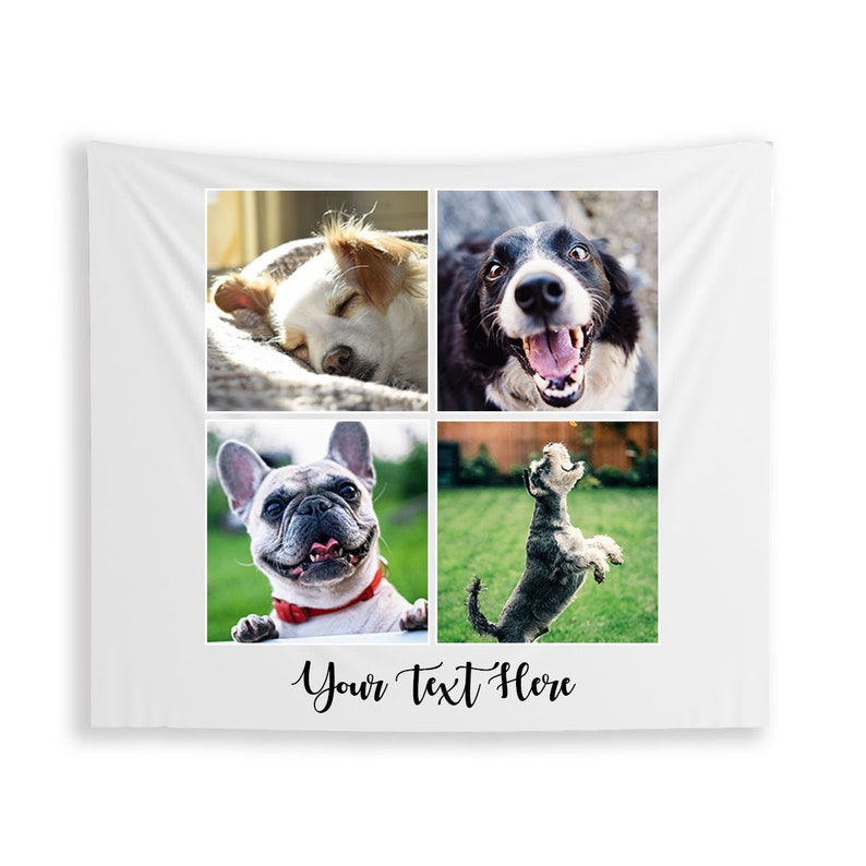 K&ouml;nnte beinhalten: Eine wei&szlig;e Wandbeh&auml;nge mit vier Fotos von Hunden. Das Foto oben links zeigt einen wei&szlig;en und braunen Hund, der schl&auml;ft. Das Foto oben rechts zeigt einen schwarz-wei&szlig;en Hund mit offenem Maul. Das Foto unten links zeigt eine Franz&ouml;sische Bulldogge mit herausgestreckter Zunge. Das Foto unten rechts zeigt einen kleinen, grauen Hund, der in die Luft springt. Der Text "Your Text Here" ist unter den Fotos gedruckt.