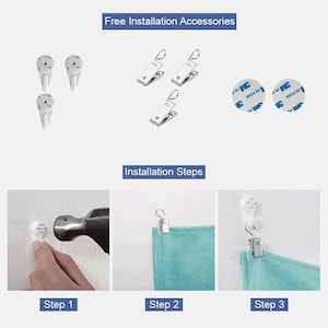 K&ouml;nnte beinhalten: Ein Satz mit drei wei&szlig;en Plastikhaken, drei silbernen Clips und zwei Klebepads zum Aufh&auml;ngen einer Wandbeh&auml;nge oder Wanddekoration. Das Bild zeigt die Installationsschritte: 1. Einen Haken mit einem Hammer in die Wand schlagen, 2. Einen Wandbehang mit einem Clip aufh&auml;ngen und 3. Einen Wandbehang mit einem Haken und einem Clip aufh&auml;ngen.