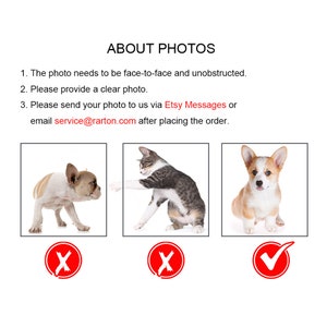 Peut inclure: Trois images montrant des exemples de bonnes et de mauvaises photos pour un portrait d'animal de compagnie personnalis&eacute;. La premi&egrave;re image montre un bouledogue fran&ccedil;ais regardant loin de l'appareil photo, marqu&eacute; d'une croix rouge. La deuxi&egrave;me image montre un chat regardant loin de l'appareil photo, marqu&eacute; d'une croix rouge. La troisi&egrave;me image montre un Corgi regardant directement l'appareil photo, marqu&eacute; d'une coche verte.