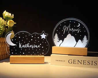 Custom Name Night Light: Moon, Stars, Mountain - Kids Room Decor