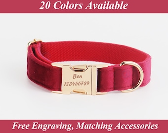 Dark Red Personalized Dog Collar, Engraved Personalized Dog Collar Leash Set, Velvet Collar With Engraved Name, Wedding Puppy Gift