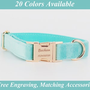 Turquoise Personalized Dog Collar, Engraved Personalized Dog Collar Leash Set, Velvet Collar With Engraved Name, Wedding Puppy Gift