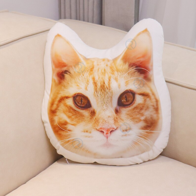 May include: A white cushion with a printed image of a cat's face. The cat has orange and white fur and brown eyes.