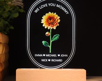 Custom Birth Flower LED Night Light - Personalized Mom Gift