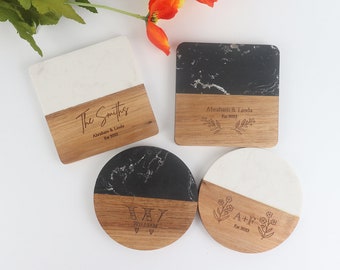 Personalized Marble Wood Coasters, House Warming Gifts, Bridal Shower Gifts, Engraved Coaster Set, Wedding Gifts, Gifts For Family