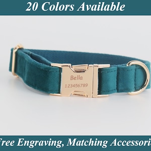 Teal Velvet Dog Collar: Personalized Engraved Buckle, Puppy Gift