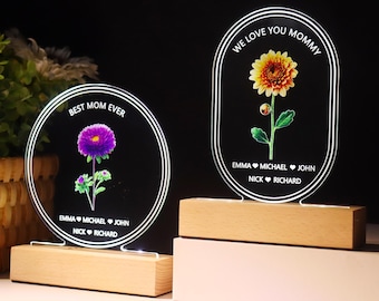 Custom Birth Flower LED Night Light: Personalized Mom Gift