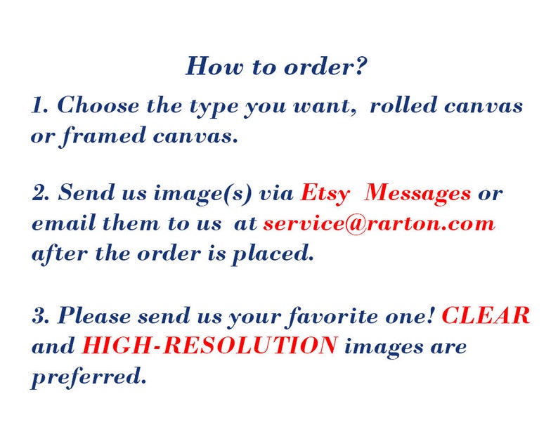 Pode incluir: Como encomendar uma impress&atilde;o personalizada em tela. Escolha entre tela enrolada ou emoldurada. Envie sua imagem atrav&eacute;s das mensagens do Etsy ou por e-mail para service@rarton.com ap&oacute;s fazer seu pedido. Envie imagens claras e de alta resolu&ccedil;&atilde;o.