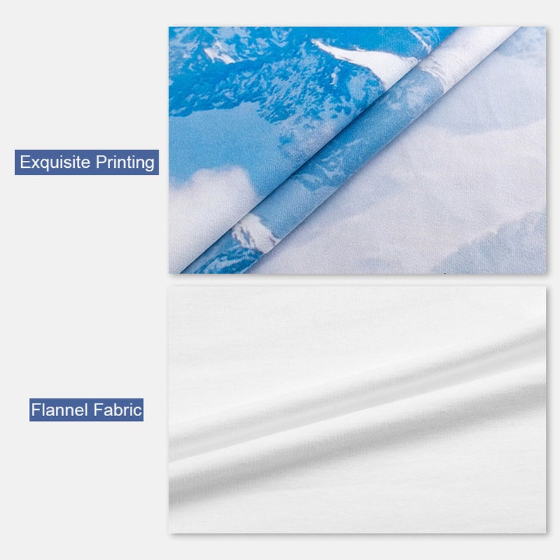 K&ouml;nnte beinhalten: Nahaufnahme eines wei&szlig;en Flanellstoffs mit einer subtilen Textur. Der Stoff ist in der Mitte gefaltet und zeigt die glatte Oberfl&auml;che und die weiche, flauschige Unterseite. Der Text "Flannel Fabric" ist unter dem Bild sichtbar.