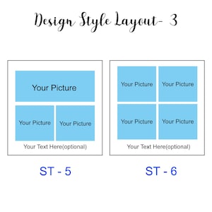 K&ouml;nnte beinhalten: Zwei verschiedene Layouts f&uuml;r eine Fotocollage. Das erste Layout hat ein gro&szlig;es Foto oben und zwei kleinere Fotos darunter. Das zweite Layout hat vier kleinere Fotos, die in einem Quadrat angeordnet sind. Beide Layouts haben Platz f&uuml;r Text unter den Fotos. Der Text unter den Fotos lautet "Ihr Text hier (optional)". Das erste Layout ist mit "ST - 5" und das zweite Layout mit "ST - 6" gekennzeichnet.