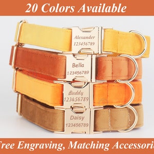 Personalized Velvet Dog Collar Leash Set, Yellow, Orange, Brown Dog Collar, Multiple Colors Dog Collar With Bow, Custom Engraved Dog Collar