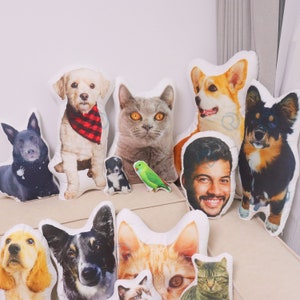 Op de afbeelding: Een verzameling gepersonaliseerde kussens met verschillende dieren, waaronder honden, katten en een papegaai. De kussens zijn wit met verschillende dierengezichten erop gedrukt.