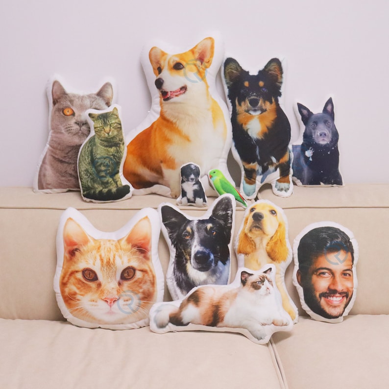 May include: A collection of personalised pet cushions featuring various dog and cat breeds. The cushions are made of soft fabric and feature realistic images of the pets. The cushions are perfect for adding a touch of personality to any home.