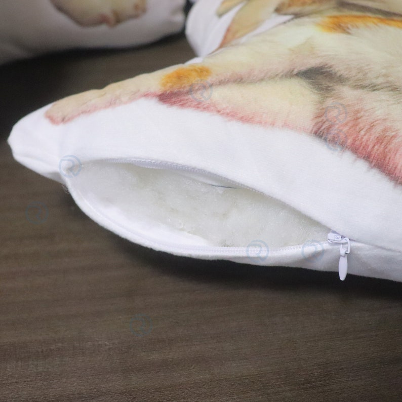 May include: White pillow with a zipper closure. The pillow has a printed image of a dog on the front.